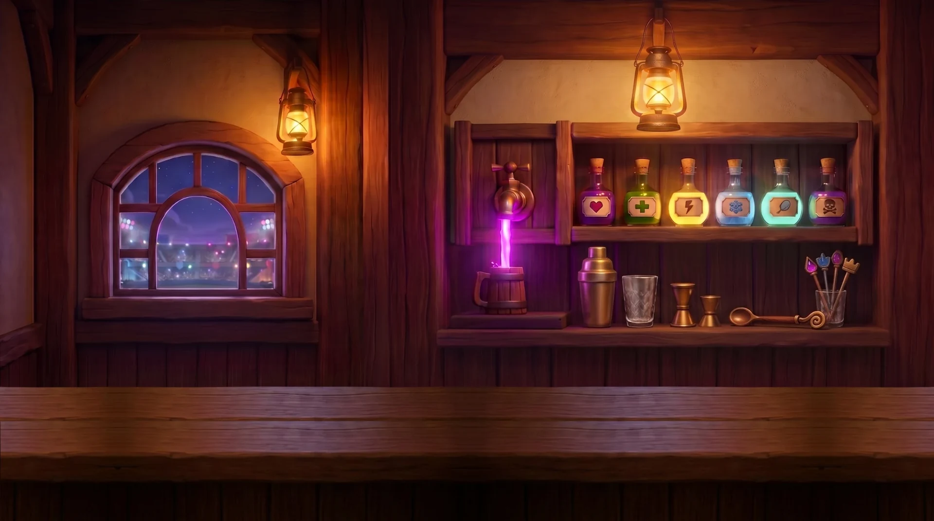 Sage's empty bar on the border strip at night — lantern light, the elixir tap mid-pour, and the shelf of potion bottles.