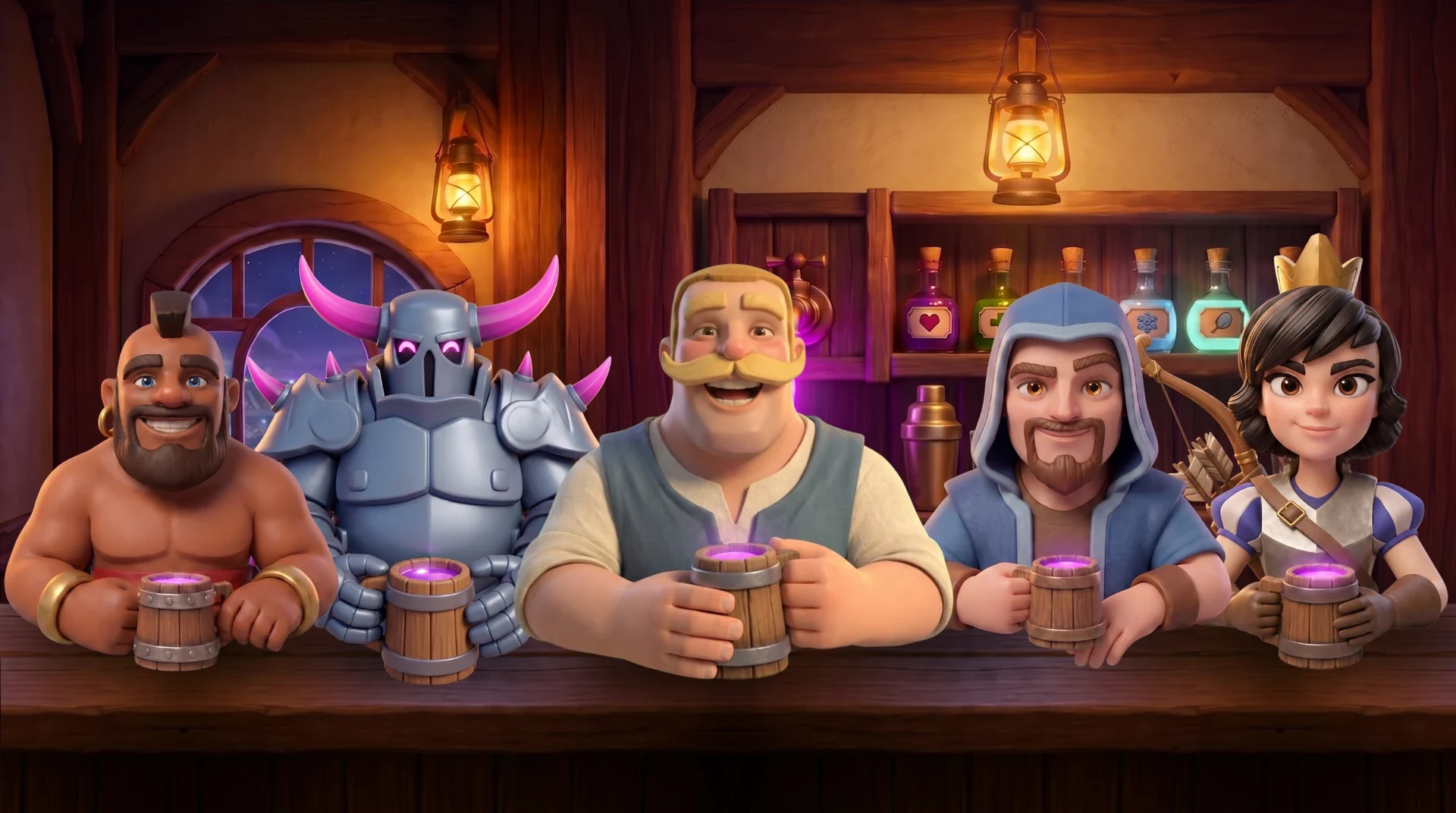 All five regulars gathered at Sage's counter, each raising a tankard of glowing elixir.
