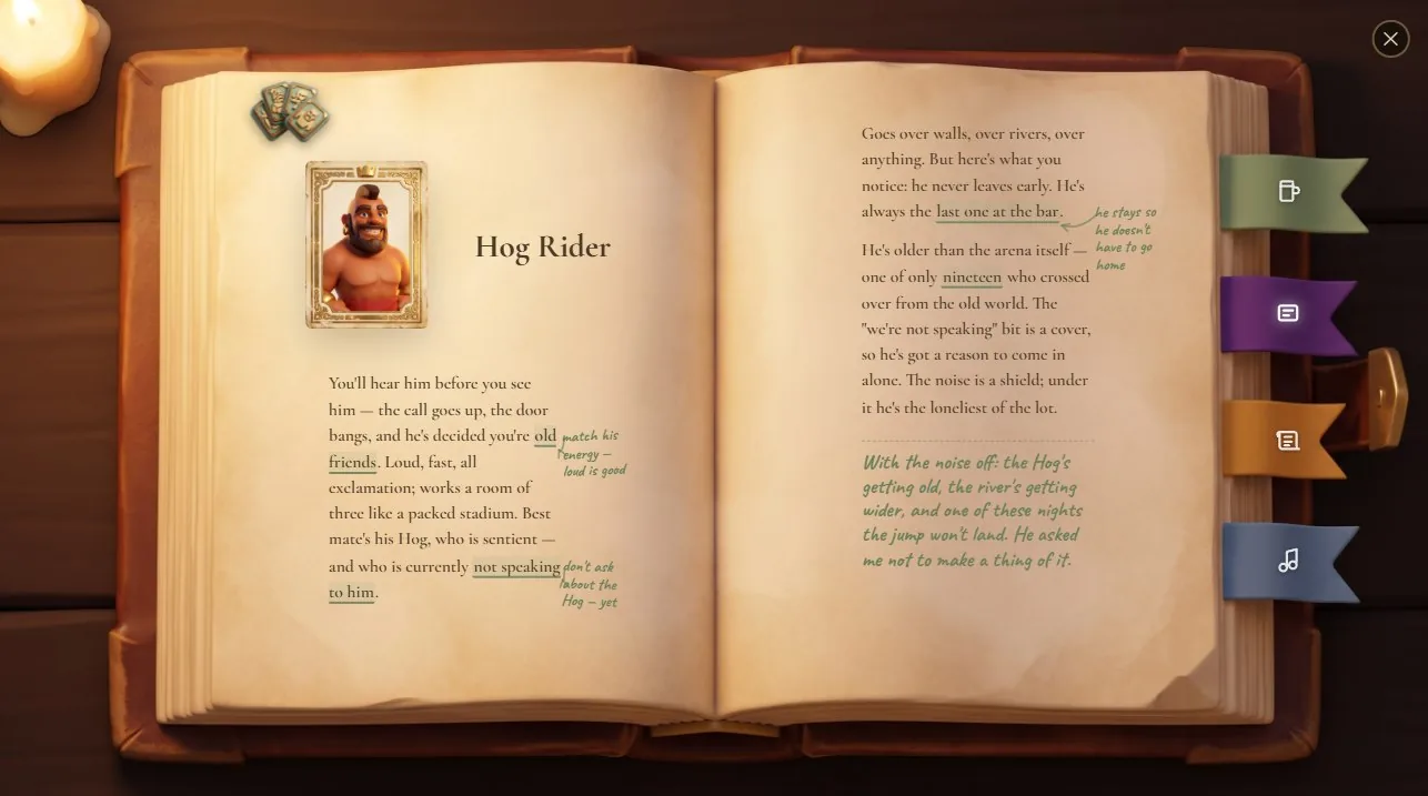 The Hog Rider's page in the Regulars' Ledger — his printed bio flowing across both pages, with Sage's green notes in the margins.