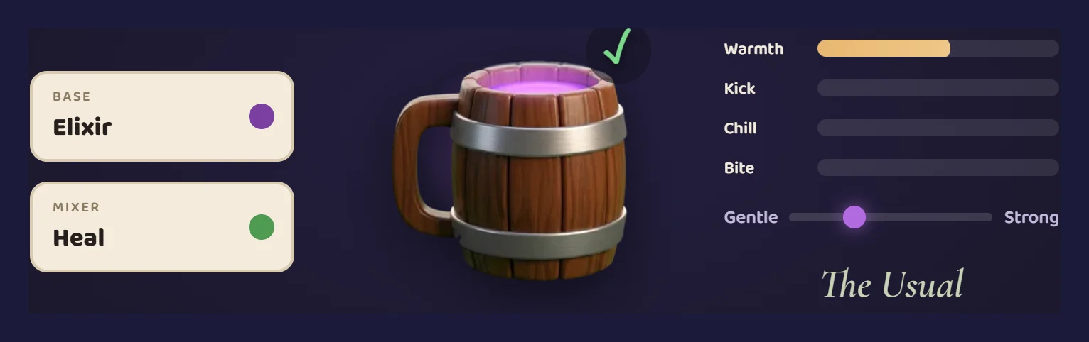 The brew: a base, two mixers, four meters, and the ✓ when the drink fits the mood.