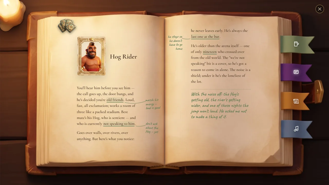 A regular's page in the Tome — a printed bio with Sage's notes in the margin.