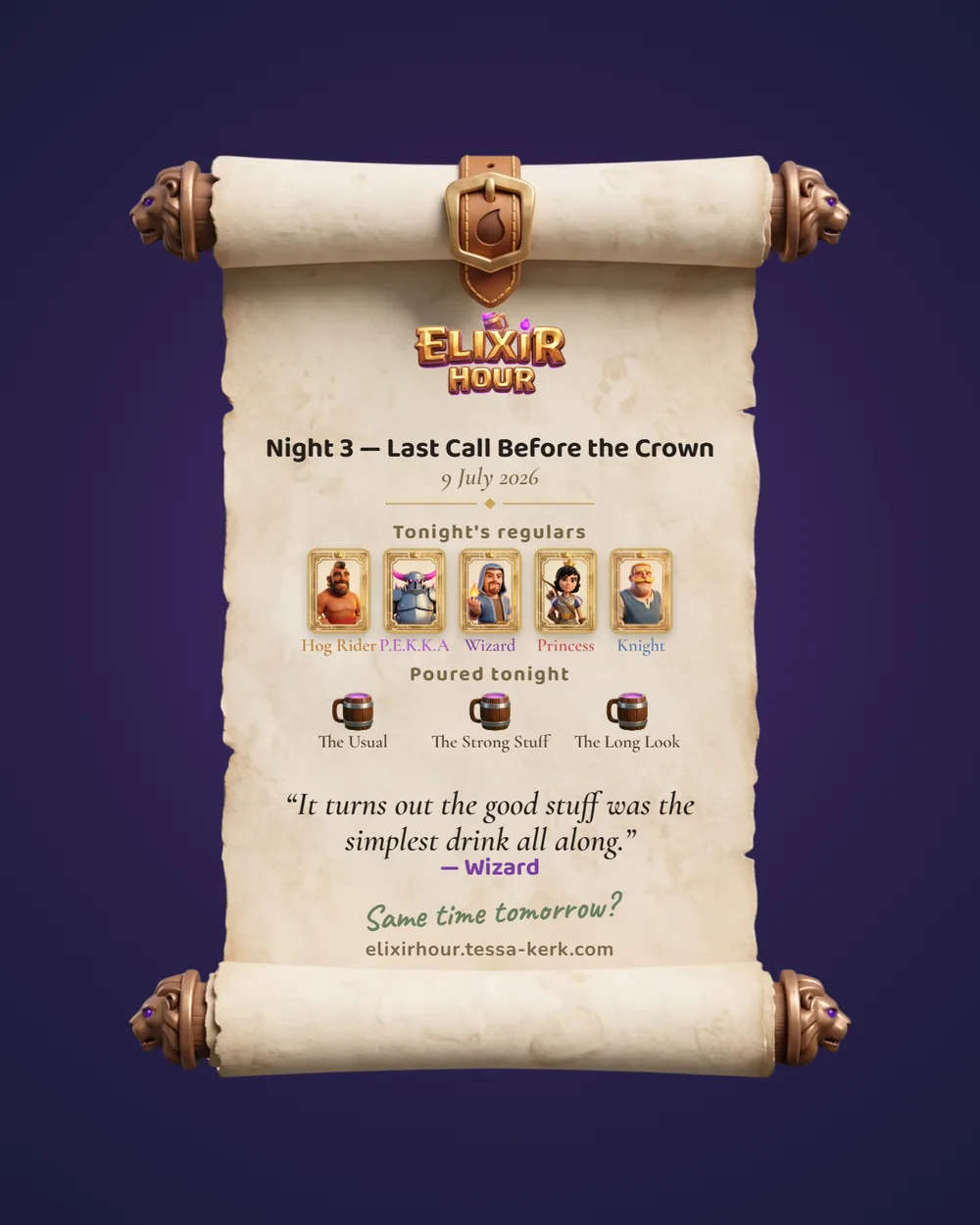 A Night Cap — the share card the game composes at the end of every Night.